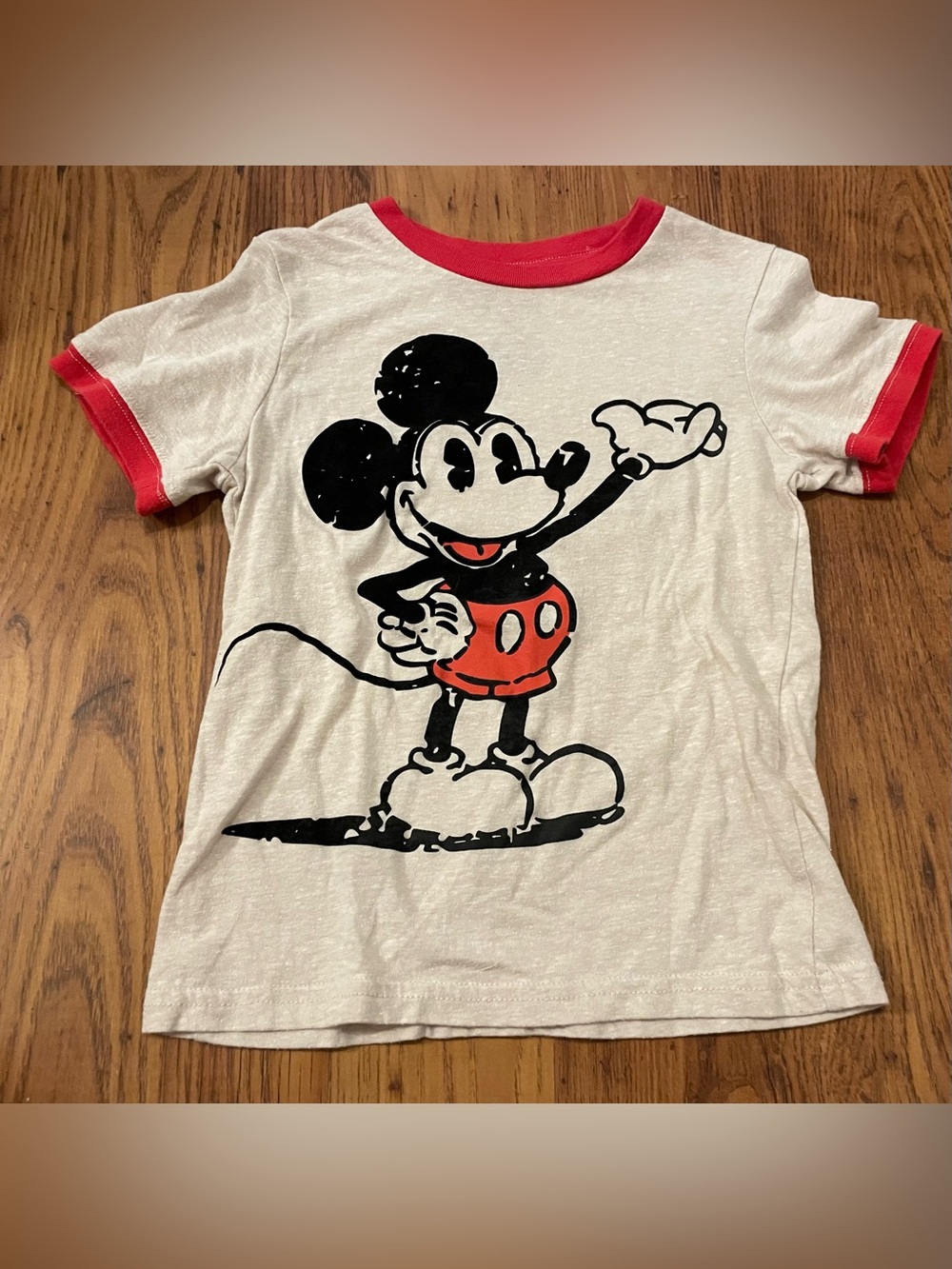 Vintage Style Disney White Tee with Red Trim & Classic Faded Mickey Graphic